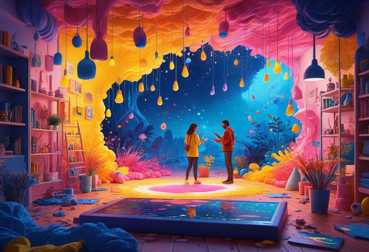 A vibrant digital landscape featuring a colorful microblogging interface surrounded by whimsical, floating creativity symbols like light bulbs and paintbrushes. Include a diverse group of enthusiastic people engaged in storytelling, sharing ideas on their devices, with a dynamic flow of text and images swirling around them. Bright hues of blue, yellow, and pink to evoke excitement and inspiration. super-realistic. vibrant colors. 3D.