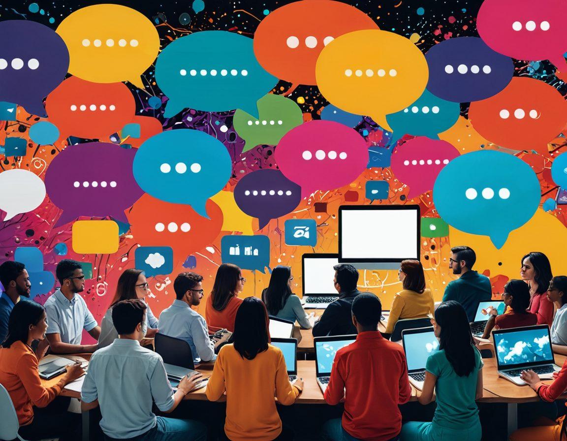 A vibrant digital landscape showcasing diverse people engaging in storytelling through various devices like smartphones and laptops, with colorful speech bubbles emerging from the screens, embodying sharing and connection. The background features abstract representations of social networks and digital platforms, creating a sense of dynamic interaction. The overall vibe celebrates creativity and communication in the digital age. super-realistic. vibrant colors. 3D.