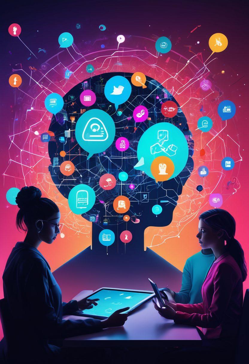 A dynamic digital scene showcasing diverse individuals engaging with interactive media on various devices, such as smartphones and tablets. Incorporate bright colors and symbols representing community and connectivity, like speech bubbles and network nodes. Highlight Weeter as a central platform in the design, surrounded by animated icons of social interactivity. The background should be abstract and tech-inspired, evoking a sense of modernity and collaboration. 3D, vibrant colors, cyberpunk.